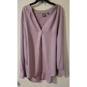 NY&Co Soho Size L Jeans Blouse Womens V-Neck Lilac  Long Sleeve Roll Tab Sleeves